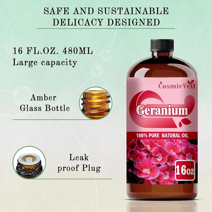 Geranium Essential Oil Geranium Oil for Aroma Diffuser,Humidifier,Home Fragrance,Cleaning,Body Care,Massage,Yoga,DIY Candle,DIY Soap CosmicVeil（Geranium，16 Fl Oz (Pack of 1)）
