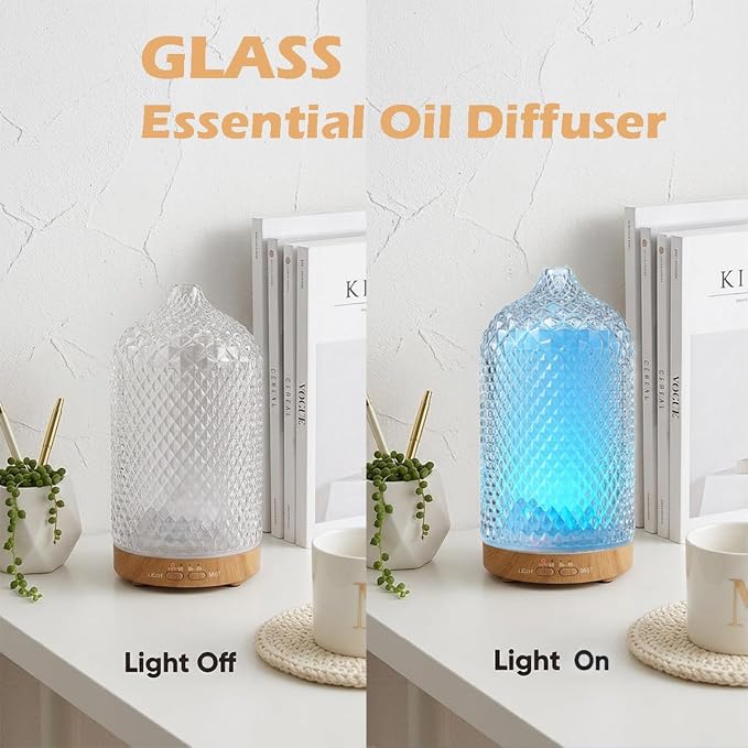 Diffuser with 3 Essential Oils,Glass Aroma Diffusers,200ml Small Humidifier for Bedroom with Timer,7 LED Color Lights,Auto Shut-Off Waterless Function for Office Home Room Decor Gifts for Women