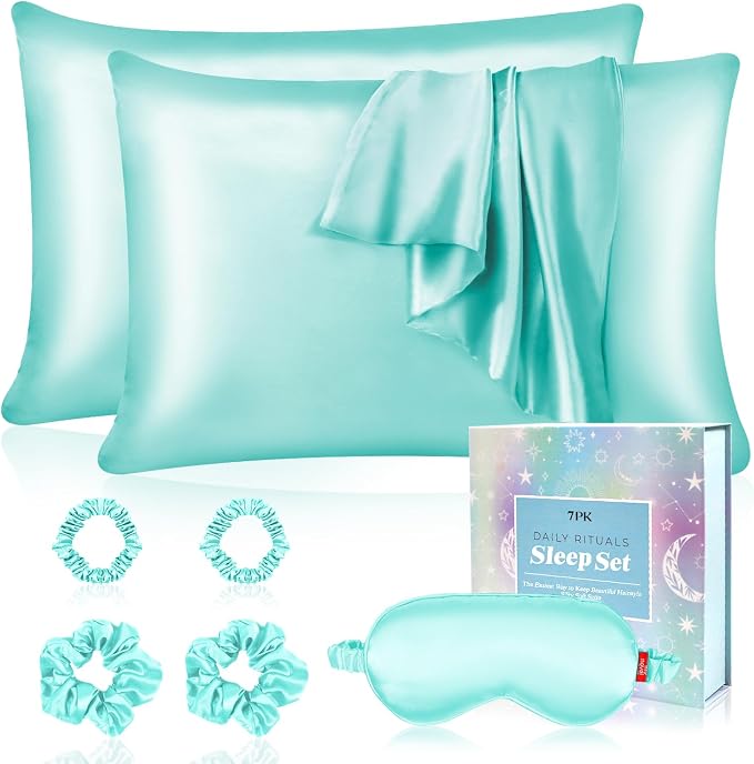 my novel things Satin Pillowcase Gift Set with Silk Satin Sleep Mask 4 Scrunchies, 2Pack Standard Size Silky Pillow Cases Luxury Sleeping 7 Pieces Set for Women Wife Female Birthday Mother Gift