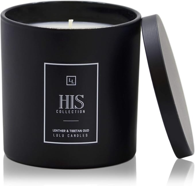 Lulu Candles | Leather & Tibetan Oud - His Collection | Luxury Scented Soy Jar Candle | Hand Poured in The USA | Highly Scented & Long Lasting- 9 Oz.