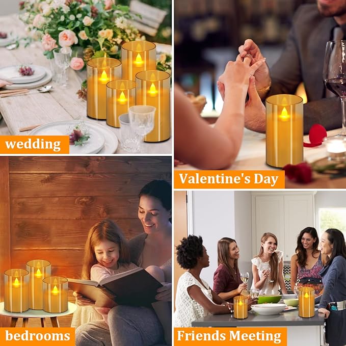 wemarry Flameless Candles 4" 5" 6" Acrylic Glass Pillars 3" Diameter Battery Operated Flickering Candles Include 8-Key Remote with Timer Function 400+ Hours (Gray, Warm Light 9 Pack)