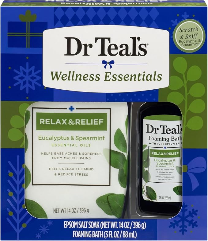 Dr Teal's Holiday Limited Edition Bath Gift Set | Epsom Salt Soak and Foaming Liquid, 14 oz Salt, 3 fl oz Bath (Eucalyptus)