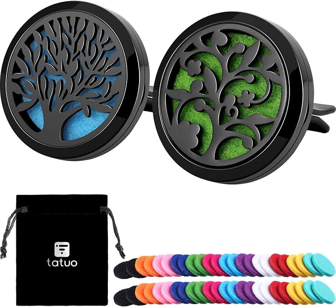 Tatuo 2 Pieces 316l Car Aromatherapy Essential Oil Diffuser Air Freshener Vent Clip with 48 Felt Pad Gift for Women Men Birthday Mother's Day(Tree and Cloud Tree)