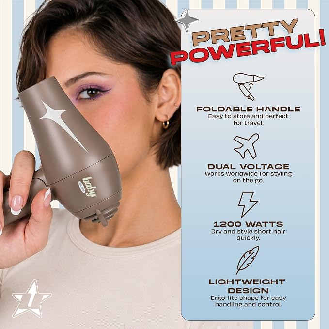 Travel Hair Dryer – Lightweight Dual Voltage Mini Blow Dryer for Women and Men with Foldable Handle, Styling Nozzle and Diffuser | 1200W Fast-Drying Power