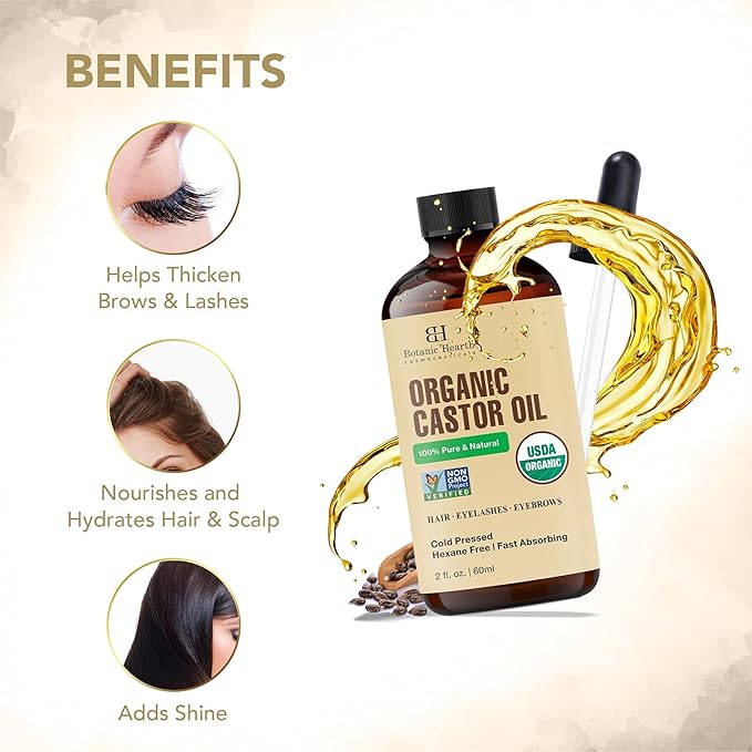 Botanic Hearth Castor Oil & Hair Treatment Oils 2 Fl oz| 100% Pure & Natural, Cold Pressed |For Hair, Eyelashes & Eyebrows | Hexane Free, Fast Absorbing | With Applicators & Dropper | All Hair Types