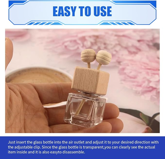 2 PCS Car Vent Diffuser Bottles, Refillable Glass Bottle with Wooden Stick Air Vent Clip, Empty Bottle Car Diffuser, Universal for Most Vehicles (Transparent)