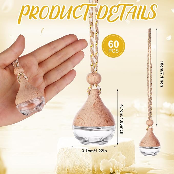 60 Pcs Hanging Car Air Freshener Car Diffuser Bottle Empty Glass Perfume Bottles Air Freshener Diffuser Bottle Pendant for Essential Oils Fragrance Aromatherapy Ornament Decor (Water Drop)