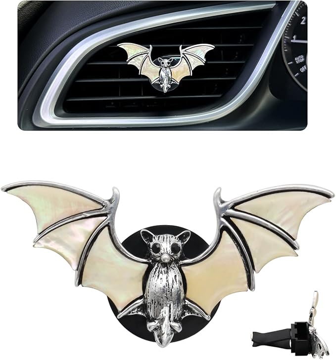 ORIESSE Beige Bat Air Vent Clip Car Air Freshener Outlet Clips Natural Seashell Vampire Bat Car Accessories Gothic Car Decor Refillable Diffuser Clips