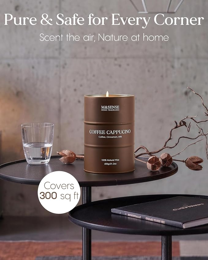 M&SENSE Coffee Cappuccino Large Scented Candles Christmas Decor, Hoilday Soy Wax Christmas Candle 21.2oz 120 Hours, Coffee Aroma Candle Unique Housewarming Appreciation Gifts