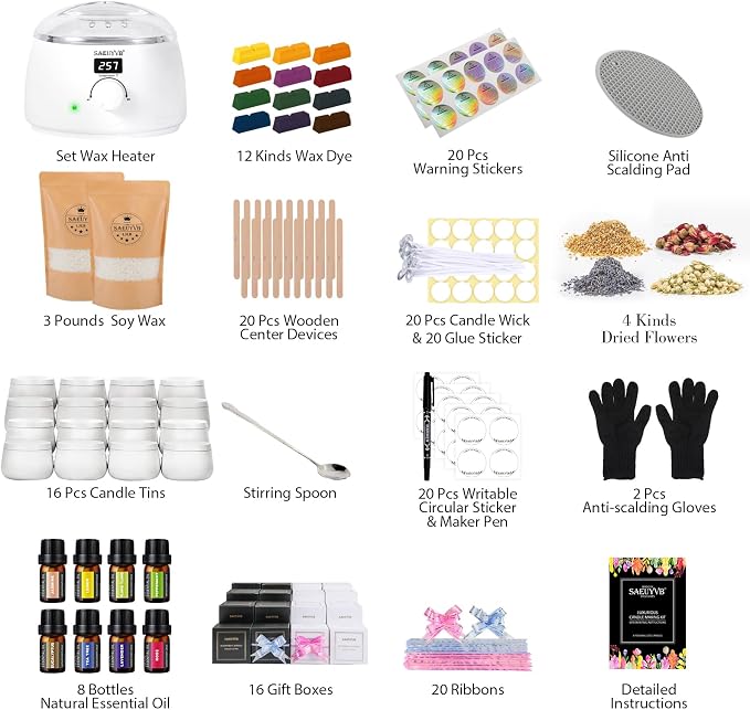 SAEUYVB Complete Candle Making Kit, Candle Making Kit for Adults with Hot Plate, DIY Starter Candle Making Supplies/Kit - Perfect as Home Decorations（White）