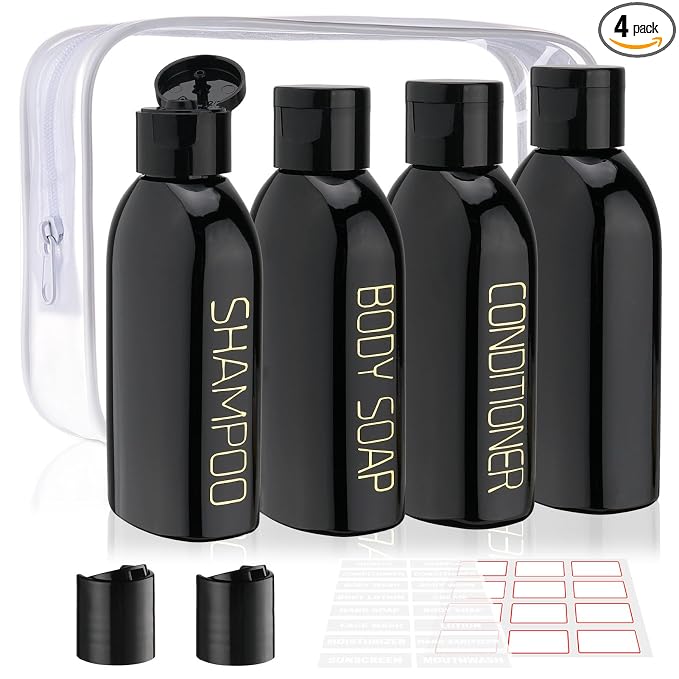 Cosywell Travel Bottles for Toiletries 4pcs 3.4oz Travel Shampoo and Conditioner Bottles TSA Approved Travel Size Containers Leak Proof Small Plastic Squeeze Bottles with Flip Cap(Black)