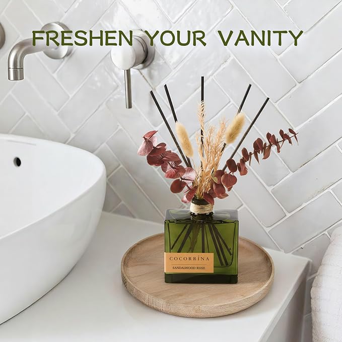 COCORRÍNA Reed Diffuser, 6.76 oz Sandalwood Rose Scent Reed Diffuser with 6 Sticks & Dried Flowers, Long Lasting Elegant Fragrance Home Décor for Bathroom Bedroom Office