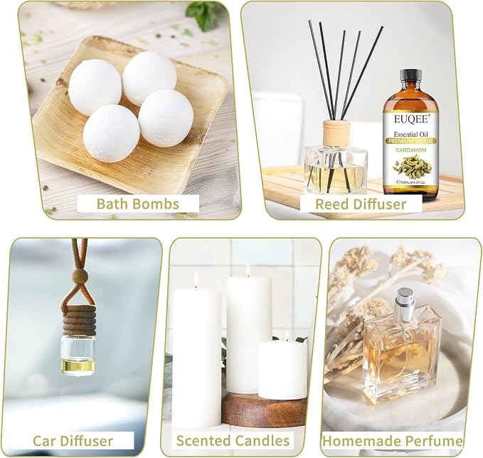 EUQEE Cardamon Essential Oil 118 ml Large Bottle Premium Cardamon Oil with Glass Dropper, Great for Diffusers, Candle & Soap Making-4oz