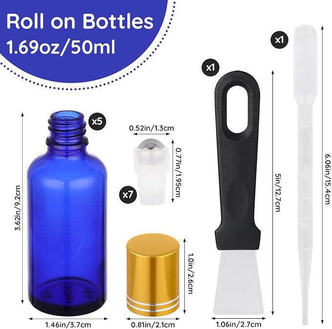 Segbeauty 1.7oz Thick Glass Refillable Roller Ball Applicator for Oil, 5pcs Blue Perfume Roller Bottles for Essential Oils, 50ml Empty Roll On Bottle for Eye Essence, Glass Perfume Rollerball Bottles