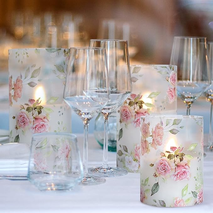 Rose Flameless Candles with Remote Real Wax Blinks Glass Battery Operated Candles - Home Party Wedding Thanksgiving Christmas Summer Decor - Set of 3