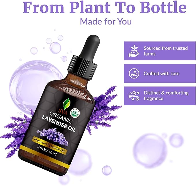 SVA Lavender Essential Oil Organic – 2 Fl Oz – 100% Natural Organic Lavender Oil - for Diffuser, Hair, Face, Skin Care, Aromatherapy, Scalp and Body Massage, Soap and Candle Making - with Dropper