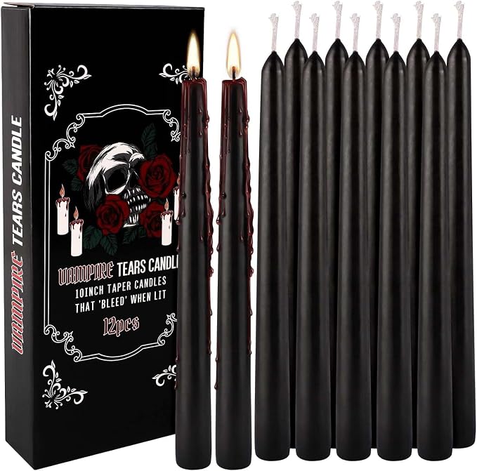 YOROXRG 12PCS 10-Inch Black Bleeding Taper Candles,Vampire Tears Taper Candles- Unscented Ideal for Halloween, Christmas, Rituals, and Themed Party Decor