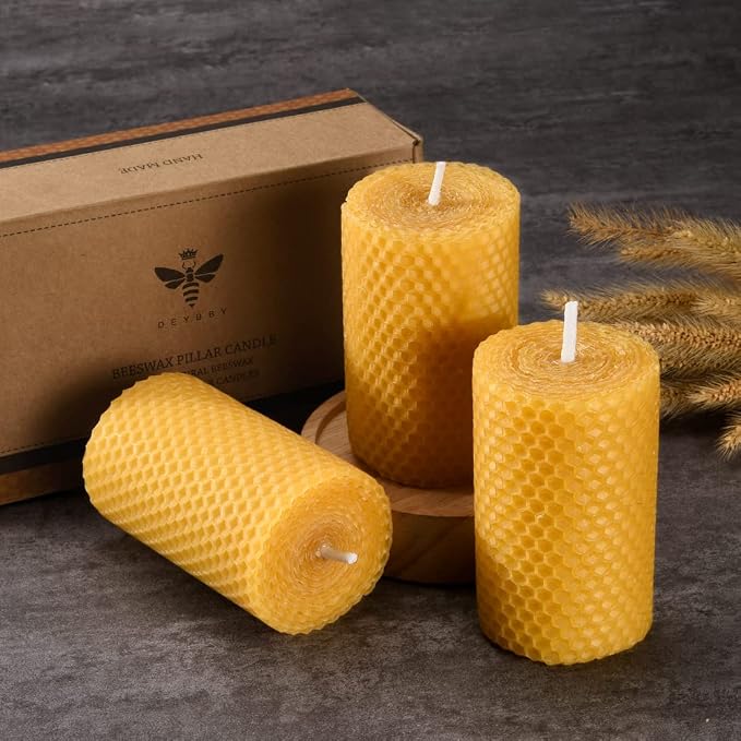 DEYBBY Beeswax Honeycomb Rolled Pillar Candles Set of 3 - Handmade Pure Organic Bees Wax Candles for Home Study Decor Housewarming Gift (2×3.3 in)