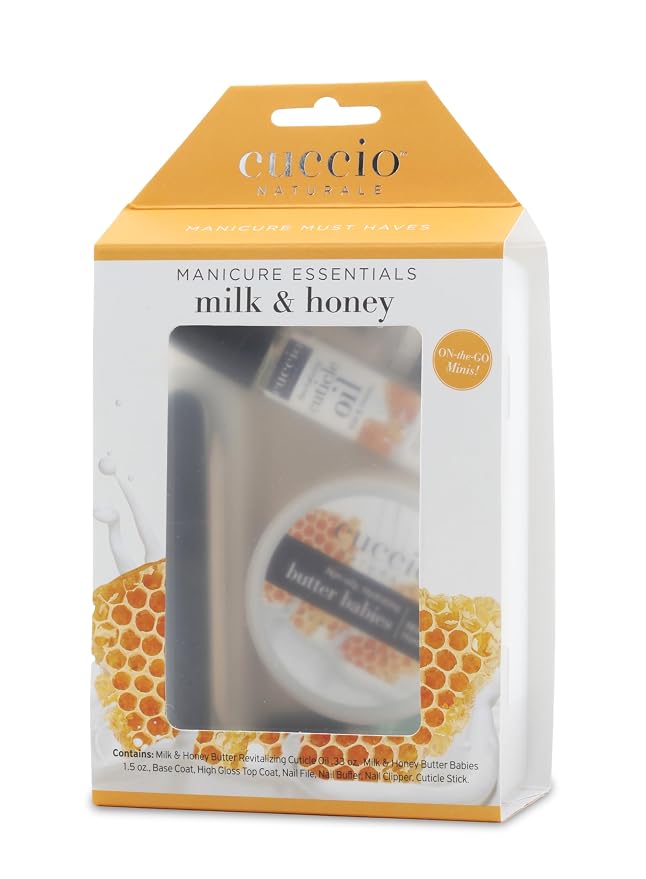 Cuccio Naturale Manicure Essentials Starter Set, Milk & Honey, 8-Piece At-Home Manicure Kit with Body Butter 1.5 oz, Cuticle Oil Roll-On 10 mL, Base & Top Coat, Nail Tools
