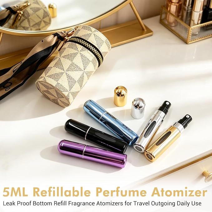 Mini Refillable Perfume Atomizer Bottles, Portable Travel Size Spray Bottles, Leak-Proof Aluminum Perfume Sprayers with Carry Bag(5 ml,5 Pack)