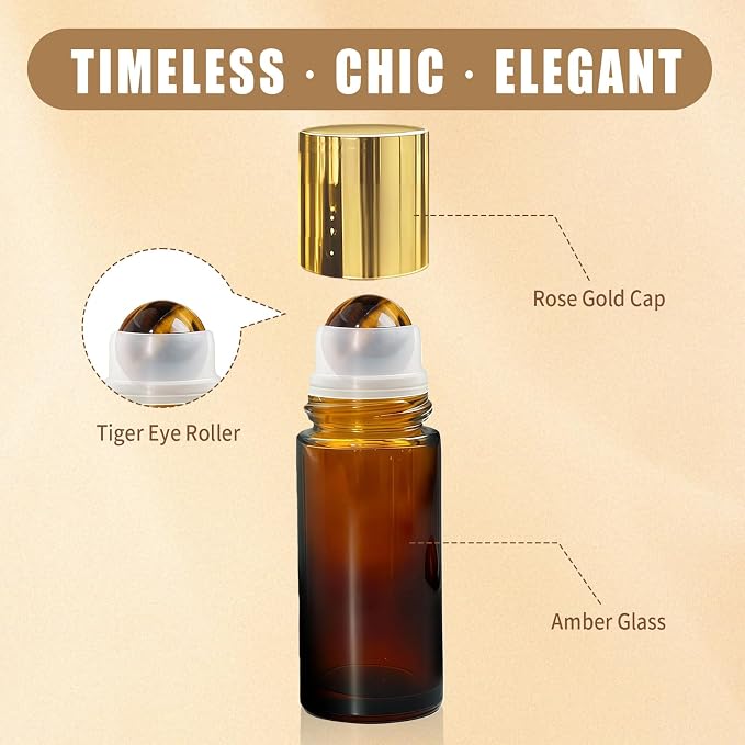 Tiger's Eye Roller Bottles for Essential Oils, 50ml Refillable Amber Glass Roll On Bottles with Natural Crystal Roller Balls, Leak-Proof Travel Perfume Bottle with Gold Caps