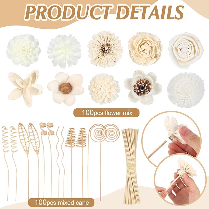 Cindeer 200 Pcs Reed Diffuser Sticks Set Include 10 Style 100 Pcs Natural Rattan Flower Reed 7 Style 100 Pcs Mixed Fragrance Diffuser Rattan Reed Fragrance Diffuser Replacement for Home Fragrance