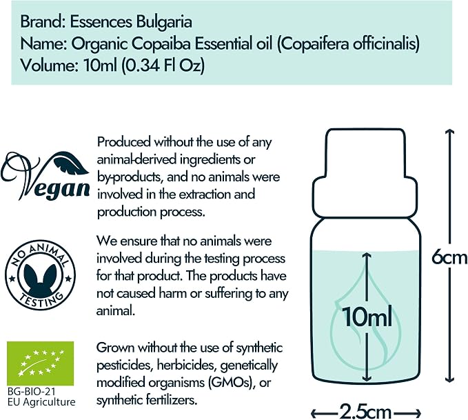 Essences Bulgaria Organic Copaiba Essential Oil 0.34 Fl Oz 10ml Copaifera officinalis - 100% Pure Natural Undiluted Therapeutic Grade Aromatherapy for Diffuser Humidifier Massage Skin Care Hair Oil