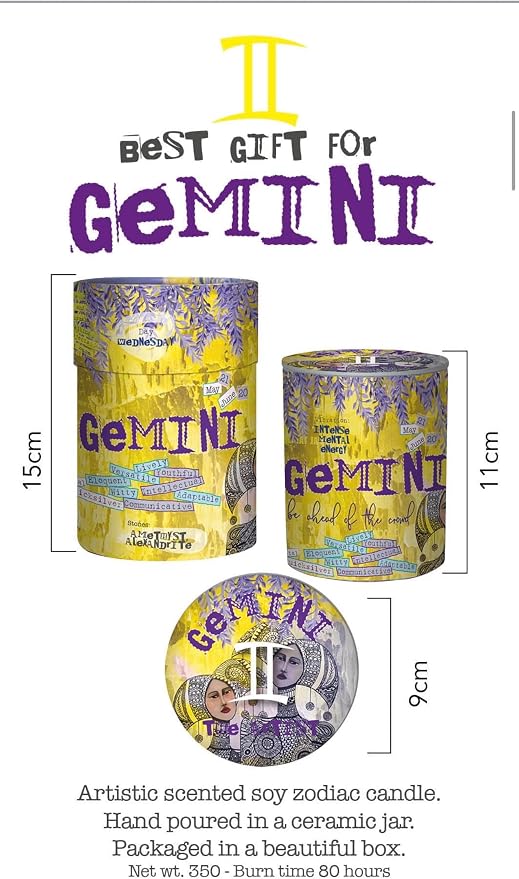 Gemini Zodiac Candle – Jasmine Scented Soy Candle for Self Care & Relaxation – Zodiac Birthday Gift – 80 Hour Burn – Reusable Ceramic Jar