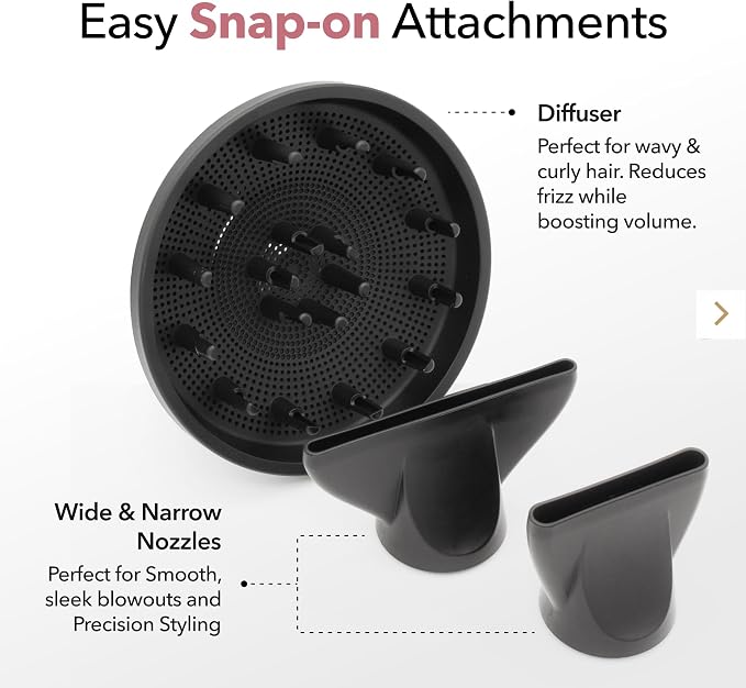 SRILabs DryQ “Smart” Hair Dryer - Super Lightweight, Foldable - Powerful, Quiet Motor - Infrared and Ionic Technology - 3 Magnetic Attachments - Heat Control with Locking Switch