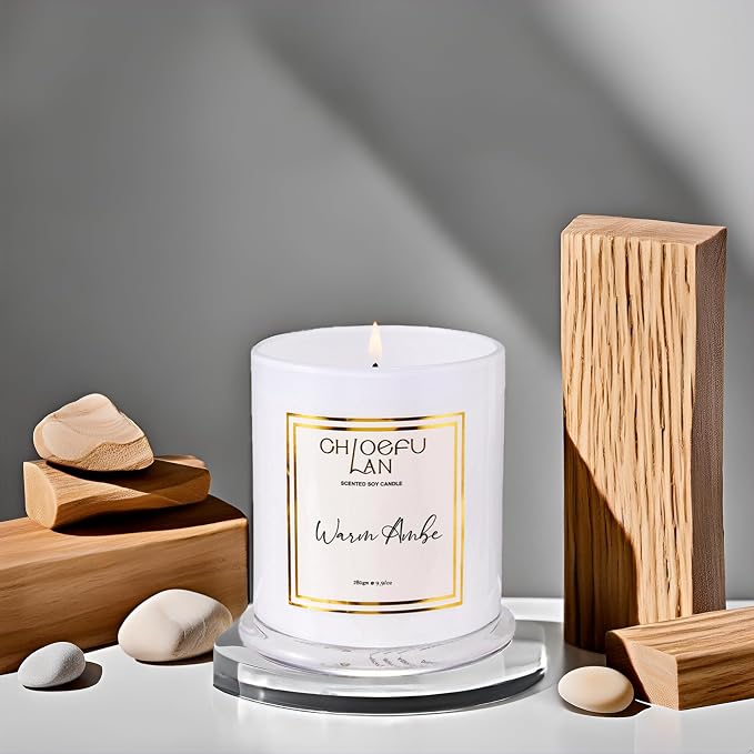 Warm Amber Candle, Scented Candles Gifts for Women & Men, Amber Oil, Cotton Wick, Natural Soy Wax for Clean Burning, Luxury Home Decor, Non-Toxic, Glass Jar Candle, 70 Hour Burn, 10 oz