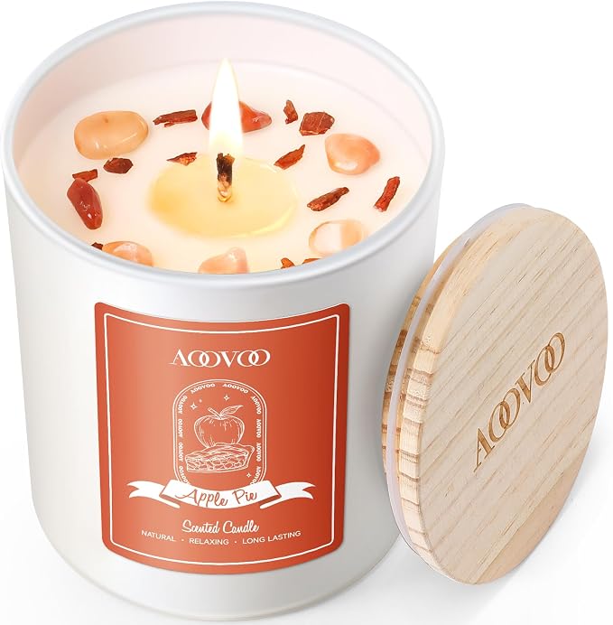 AOOVOO Apple Pie Scented Candles for Women - Aromatherapy Candle with Crystals Inside, 10oz Soy Candles for Home Scented, Birthday Gifts Valentines Day Candle for Women Mom