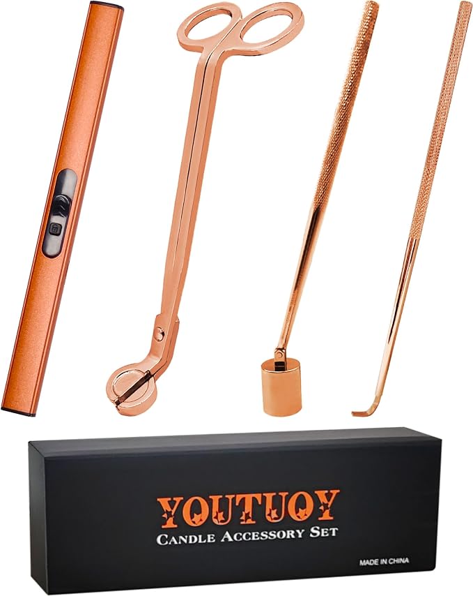 YOUTUOY 4 in1 Candle Accessory Set with Rechargeable Candle Lighter, Candle Wick Trimmer, Candle Wick Snuffer, Candle Wick Dipper, Candle Care Kit (Rose Gold)