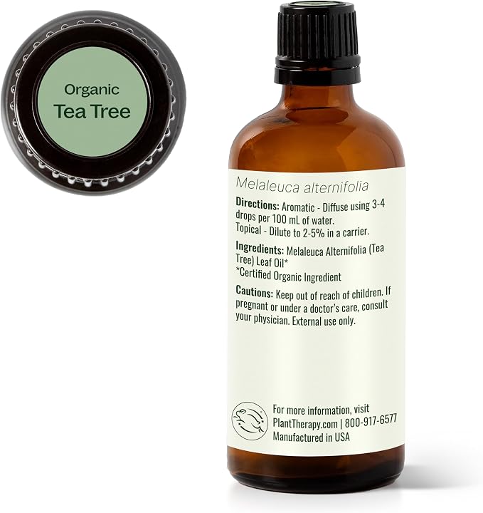 Plant Therapy Organic Tea Tree Oil (Melaleuca) 100% Pure, USDA Certified Organic, Undiluted, Natural Aromatherapy, Therapeutic Grade 100 mL (3.3 oz)