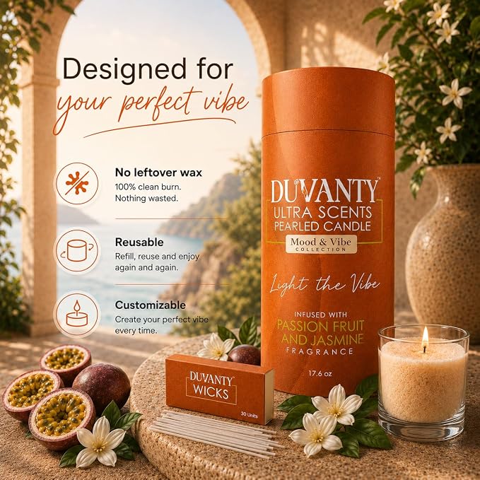 Mood & Vibe Pearled Candle Sand with Wicks – Passionfruit & Jasmine Scented Candle for Vibrant Home Ambiance, Decorative Wax Beads & Social Gatherings, 17.6 oz.
