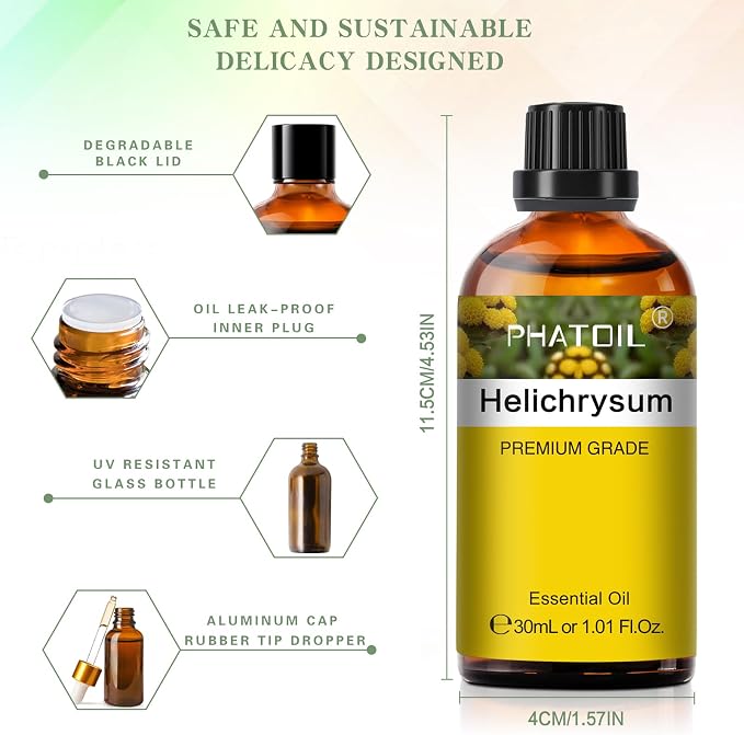 Helichrysum 1.01fl.oz Essential Oil, PHATOIL Pure Aromatherapy Oils for Diffuser, Humidifier, Perfect for DIY Soap, Candle, Bath Bombs Making(30ml)