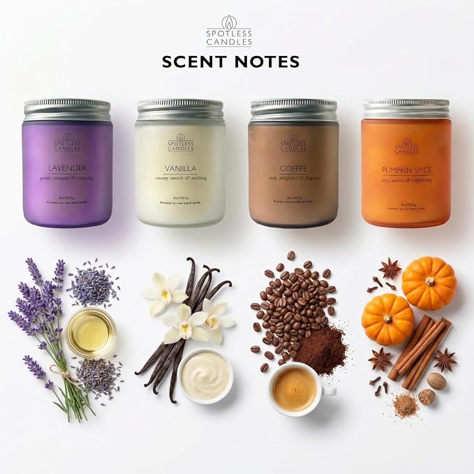 Classic Candle Gift Set; 4 x 8oz Scented Candles in Frosted Glass Jars; Coffee, Vanilla, Lavender, Pumpkin Spice; 200 Hours Burn Time; Gifts Set for Women; Premium Gift Box by Spotless Candles