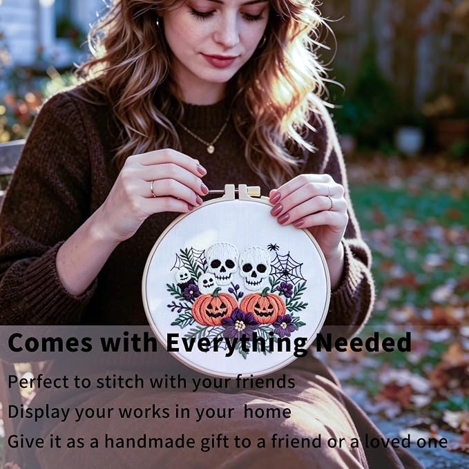 FONNUY Halloween Embroidery Kits for Beginners,Skull Pumpkin Spider Web Floral Stamped Cross Stitch Kit for Adults, Spooky Season Boho Wall Decor, 8'' Hoop (Skull)