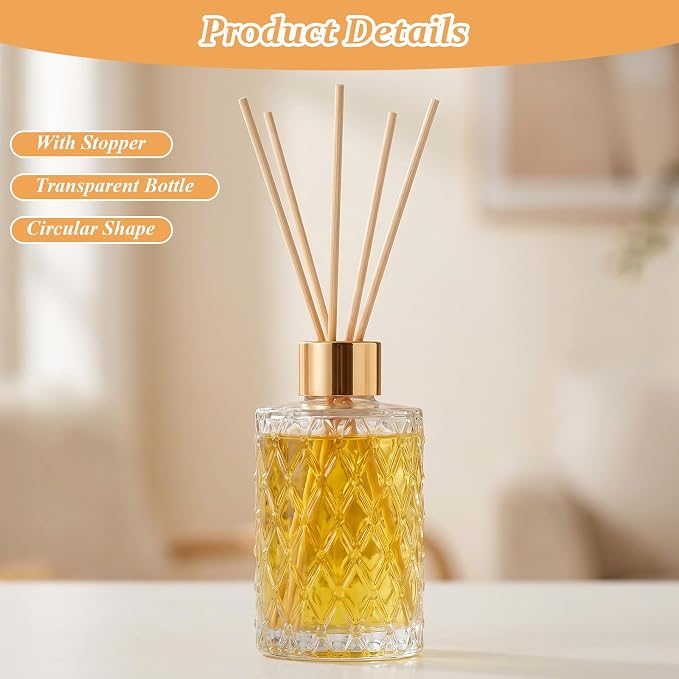 8 Pcs Bathroom Reed Diffuser Sets with 40 Natural Sticks, 3.4oz Empty Glass Bottles & Gold Caps, Bathroom Diffuser with Sticks for Home Office Aromatherapy Decor