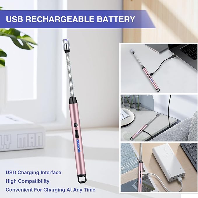 2 PCS Candle Lighter, Electric Lighter Arc Windproof Flameless with 360° Flexible Neck & LED Power Display, Lighters for Candle for BBQ, Grill, Camping, Fireplace, Stove(Pink)