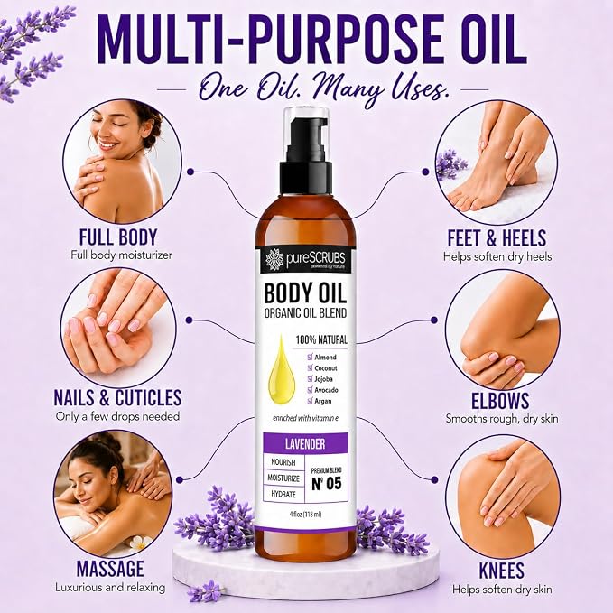 pureSCRUBS Ultra Moisturizing Lavender Body Oil for Dry Skin, Lightweight Full Body Moisturizer for Soft, Silky Skin, Massage & Cuticle Oil, Vitamin E Enriched, 4 oz