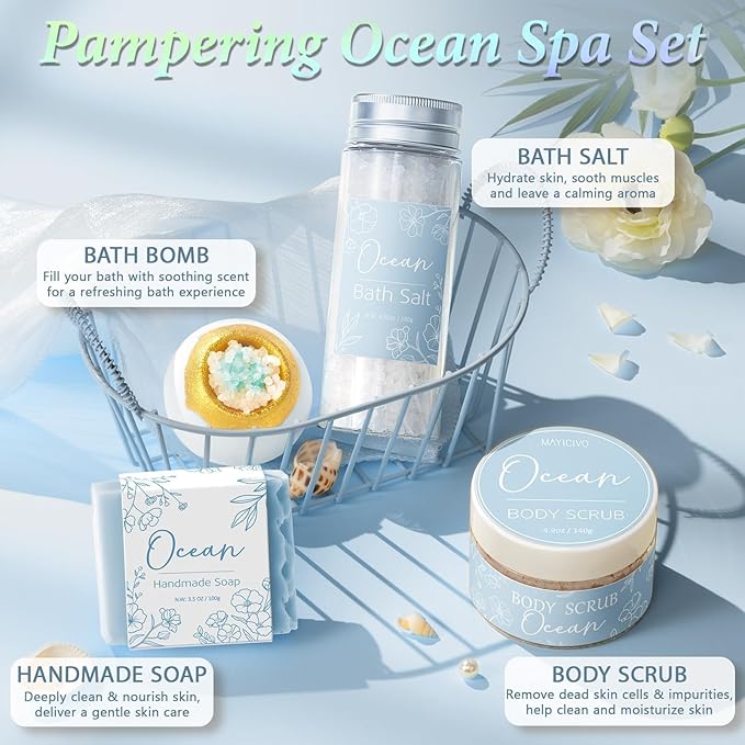 Spa Gifts for Women Bath Gift Set, Ocean Relaxing Spa Gift Baskets Home Bath Set Self Care Kit Care Package Thank You Mothers Day Birthday Easter Gifts for Women Her Mom Friends Sister Teen Girls Wife