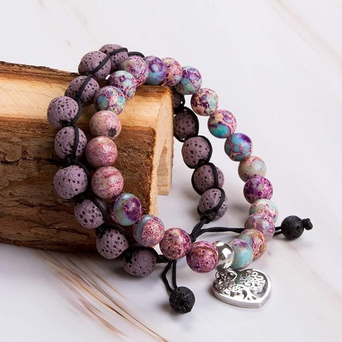 Bivei Life Tree Bracelet - Lava Stone Essential Oil Gemstone Beaded Yoga Meditation Regalite Stone Beach Charm Bracelet Set