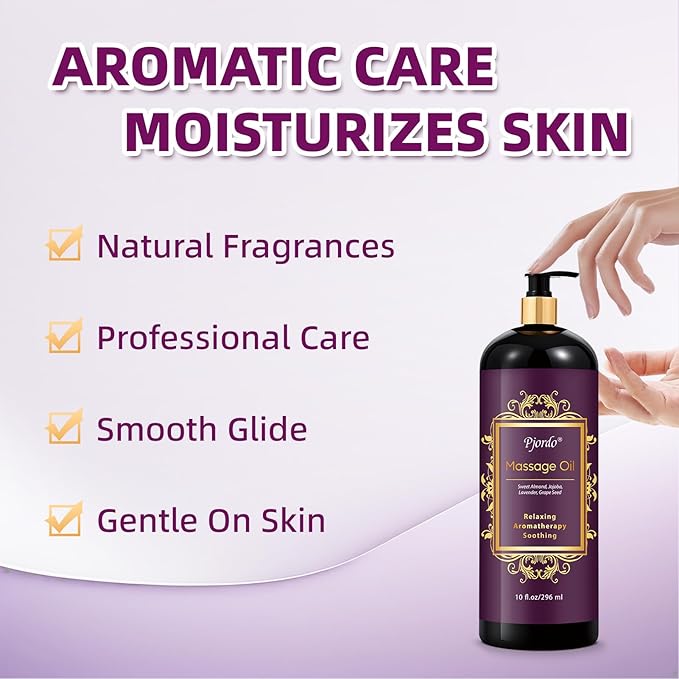 Pjordo Aromatherapy Lavender Massage Oil, 10 fl oz Relaxing Massage Oil for Massage Therapy with Grape Seed, Sweet Almond & Jojoba, Spa Quality Oils for Soothing, Calming