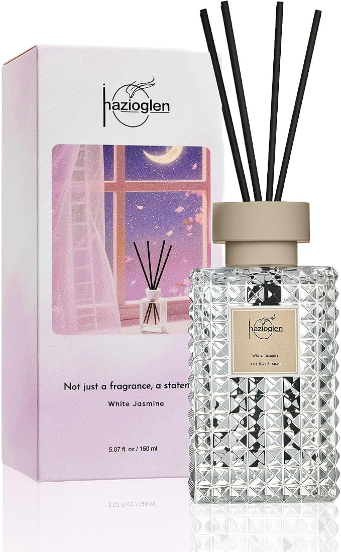 Reed Diffuser Set, White Jasmine Scented Home Fragrance Air Freshener for Bathroom Shelf Decor, 5.07 fl oz/150ml Essential Oil with Sticks