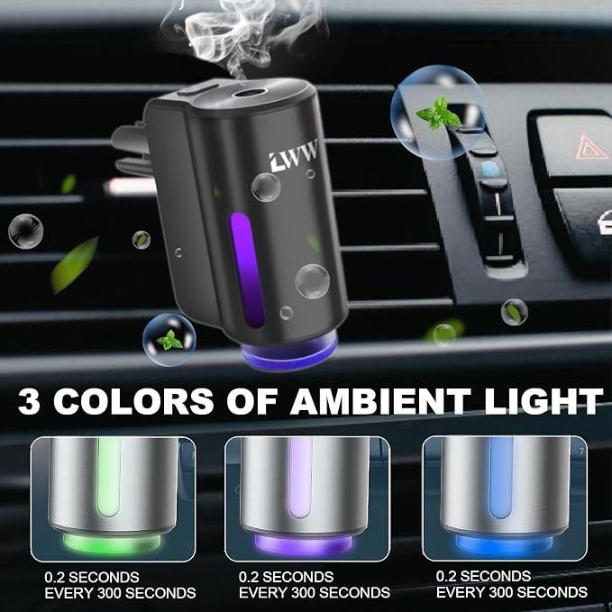 Car Air Freshener Diffuser, Portable Intelligent Car Aroma Diffuser with 3 Adjustable Modes, Rechargeable Car Aromatherapy Machine,Travel Essentials Gifts for Women Men, Long-Lasting (10Scents)
