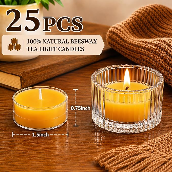 Beeswax Tea Candles 25 Pack, Non Toxic Bees Wax Tealight Candle for Home, 4 Hour Burn Time Natural Tea Light Bulk for Emergency, Organic Yellow Votive Candle for Relaxing, Meditation