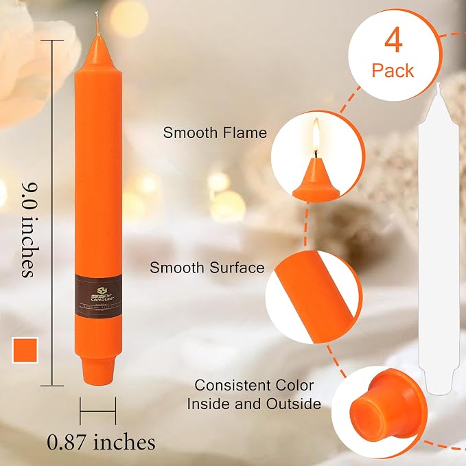 Orange Candle 9 Inch Tall Smokeless Taper Candles 4 Pack Unscented Candle for Christmas Dinner Halloween Thanksgiving Day Household Décor Candlesticks