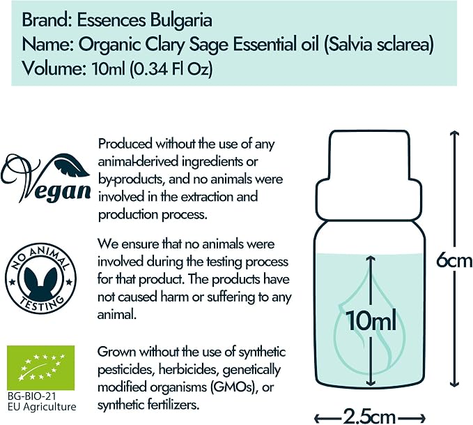 Essences Bulgaria Organic Clary Sage Essential Oil 1/3 Fl Oz | 10ml | Salvia sclarea | 100% Pure and Natural | Undiluted | Therapeutic Grade | Family Owned Farm | Steam-Distilled | Non-GMO | Vegan