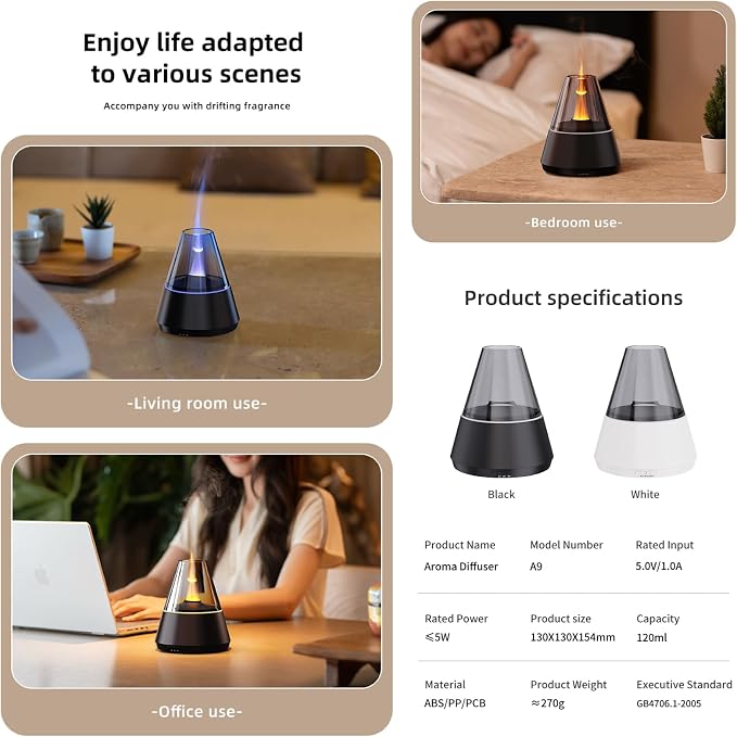 Ultrasonic Aroma Diffuser with Simulated Flame, 150ml, Timer and Auto-Off, LED Ambient Light (Black)