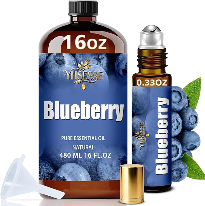 Blueberry Essential Oil, Blueberry Oil 16 Fl Oz 480ml for Diffuser Yoga Soap & Candle Making – with 0.33 Oz Roller Ball & Funnel YHSESSE Essential Oils